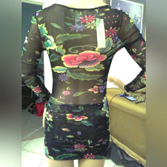 NWT Cache Sheer Black Floral Long Sleeve Dress BODYCON SHEER MESH SZ. XS SEXY! - Picture 8 of 13